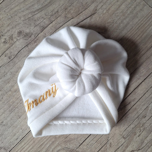 Turban bonnet nœud, buns ou simple personnalisable Prénom brodé tissu sweat fourré et chaud 15 couleurs